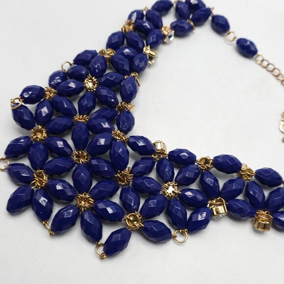 Statement Acrylic Blue Beaded Necklace With Gold Tone Chain Rhinestone Accents - Picture 4 of 5